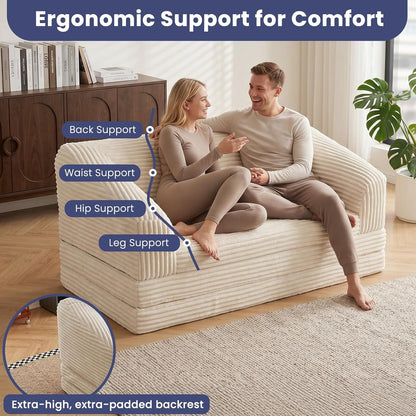 Convertible Sofa Bed, 3-In-1 Foldable Loveseat Couch with Armrest, Corduroy Floor Sofa & Sleeper Bed, No Assembly High-Density Foam Futon Mattress for Living Room, Small Apartment, Dorm3