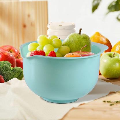 Nesting Plastic Mixing Bowls, Set of 3, 1.5 Quart, 2 Quart, 2.5Quart, Nesting Bowls with Non Slip Base and Easy Pour Spout, Dishwasher Safe (Green Pink Grey)5