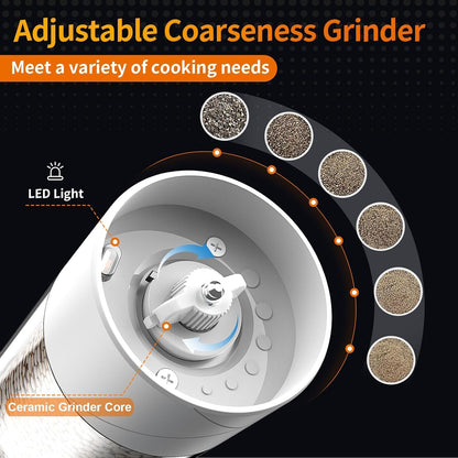 2Pack Electric Salt and Pepper Grinder Set USB Rechargeable with Warm LED Light, Adjustable Coarseness  Large Capacity Automatic Salt Pepper Mill Grinder for Kitchen, Restaurant, Outdoor, White3