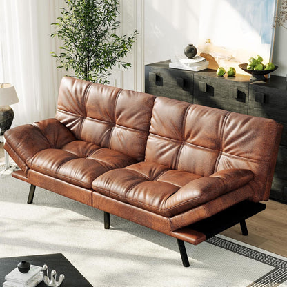 71" Convertible Futon Sofa Bed,Brown Faux Leather Futon Couch1