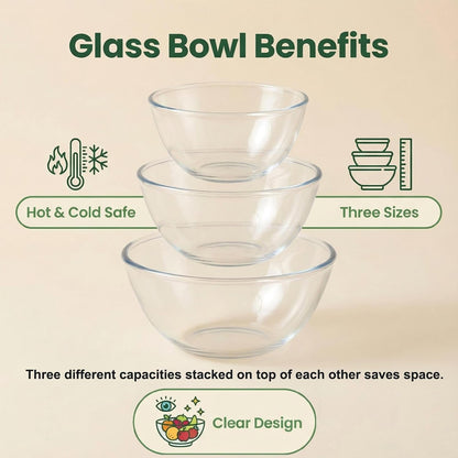 Borosilicate Glass Mixing Bowls Set of 3 (2.8, 2.2, 1.1QT) - Heavy Duty, Scratch Resistant, Non-Toxic & Lead-Free – Oven/Microwave/Dishwasher/Freezer Safe – Ideal for Meal Prep, Baking & Serving8