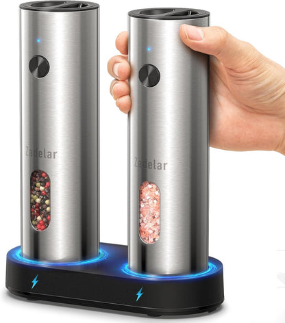 Rechargeable Electric Salt and Pepper Grinder Set with USB-C Charging Base, Stainless Steel Automatic Salt and Pepper Shakers, Adjustable Coarseness, LED Light, Large Capacity, Kitchen Gift1