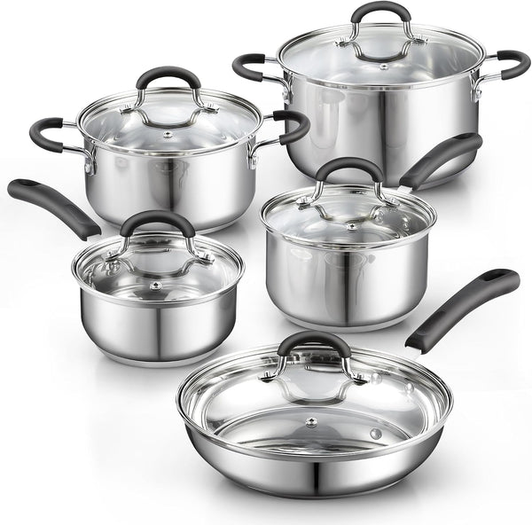Professional Stainless Steel Cookware Set, 10-Piece | Pots and Pans Kitchen Cooking Set with Stay-Cool Handles, Induction Ready, Oven & Dishwasher Safe,1