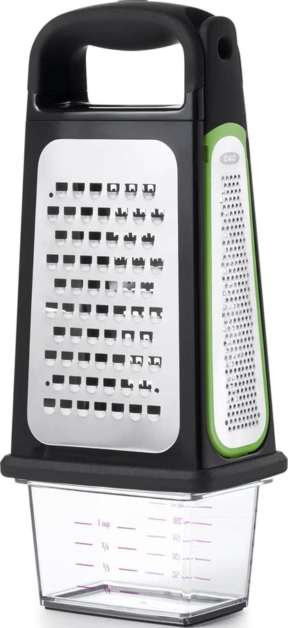 OXO Good Grips Etched Box Grater with Removable Zester | Ideal for Grating Cheese or Zesting Fruits | Storage Container Included | 4 Sided Grater | Comfortable Handle1