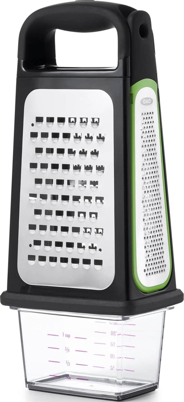 OXO Good Grips Etched Box Grater with Removable Zester | Ideal for Grating Cheese or Zesting Fruits | Storage Container Included | 4 Sided Grater | Comfortable Handle1