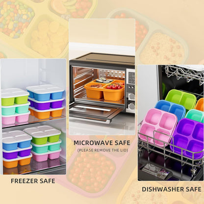 6 Pcs Bento Snack Containers, Reusable 4 Compartment Food Storage Container with Lids, Divided Lunchable Container, Freezer, Microwave & Dishwasher Safe (6 Color)5