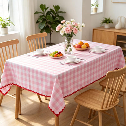 Plaid Tablecloth with Rick Rack Pink Gingham Scalloped Table Cloth Checkered Waterproof Rectangle Table Cover for Spring Picnic Party Home Kitchen Decoration, 55 X 70 Inch6