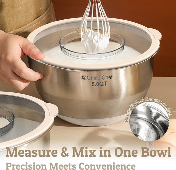 Mixing Bowles Set with Lids Set - Warp-Proof TPR-AS Lids, Stainless Steel Mixing Bowl with 3 Graters & Measuring Lines, Non-Slip Bowls for Baking, Prep, Airtight Food Storage (Khaki 5/3/2/1.5/0.63QT)8