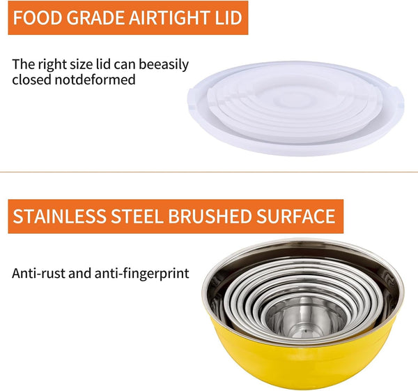 Yellow Mixing Bowls with Airtight Lids,Stainless Steel Bowl,Salad Bowls 7 Piece Colorful Nesting Bowl Yellow Kitchen Accessories,Size 7,3.6,2.7,2.1,1.5,1.1,0.8QT Stackable Design4