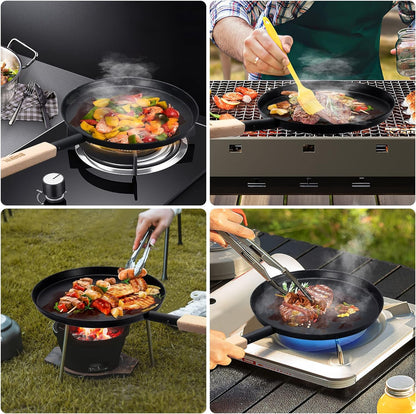 Frying Pan Skillet Pre-Seasoned 8-Inch Flat Griddle Pan | Lightweight Grill Pan with Wooden Handle for Camping Indoor Outdoor Cooking (Black, 8-Inch)3