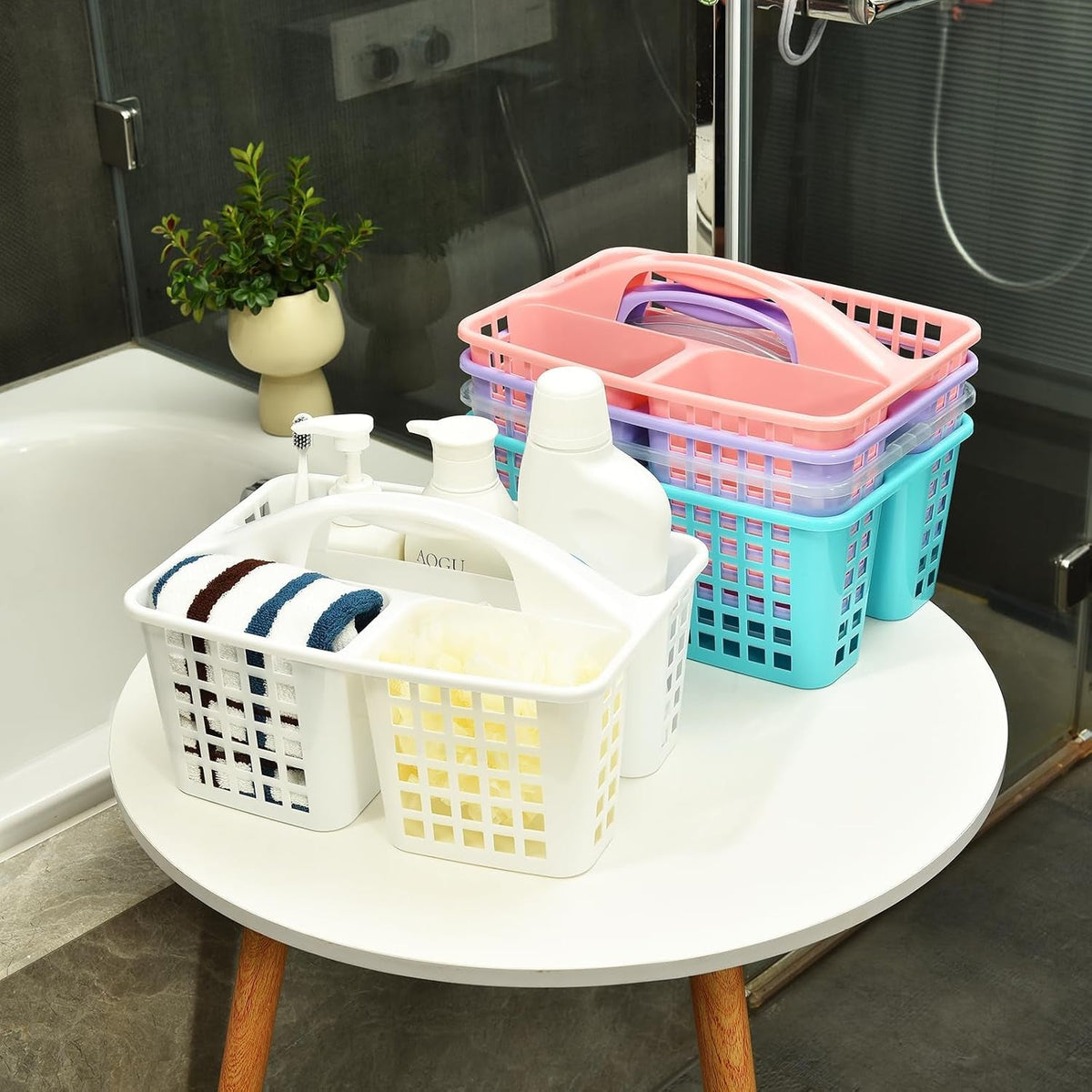 plastic-shower-caddy-basket-with-compartments-portable-divided-cleaning-supply-storage-organizer-with-handle-for-college-dorm-bathroom-white