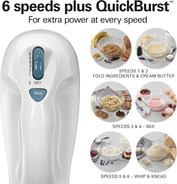 6-Speed Electric Hand Mixer with Quickburst and Bowl Rest | Powerful 250 Watt Motor | Traditional Beaters | Snap-On Storage Case | White | 62682G3