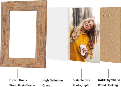 4X6 Picture Frame Set of 4, High Definition Real Glass Rustic Brown Frame, 4 X 6 Wood Photo Frames for Tabletop Display and Wall Mounting3