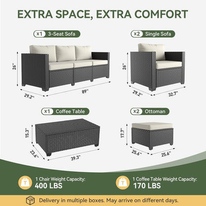8 Piece Outdoor Patio Furniture Set 7 Seats, Outdoor Sectional with Thick Waterproof Cushions, Patio Conversation Sets for Garden,Backyard, Porch, Deck, Black & Beige8