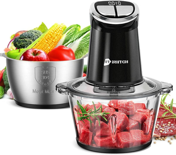 IRIITCH Food Processor with LED Timer, 800W Electric Chopper | 2 Bowls (12-Cups Glass Bowl+12 Cups Stainless Steel Bowl), 2 Set 6 Bi-Level S-Blades1