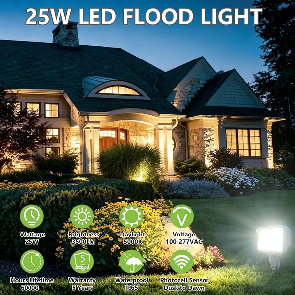 Dusk to Dawn Outdoor 25W LED Flood Light with Knuckle & Plate Mount, 5000K Color Selectable, ETL Commercial LED Security Lighting2