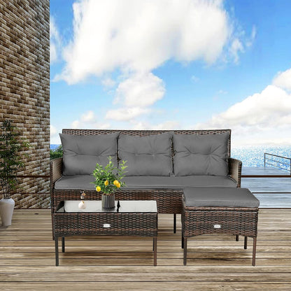 3 Pieces Patio Furniture Sectional Set, Rattan Wicker Conversation Set W/ 5 Cozy Seat & Back Cushions, Tempered Glass Coffee Table for Poolside, Balcony, Backyard Outdoor Furniture (Gray)2
