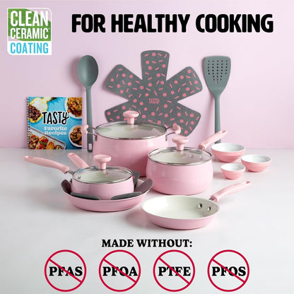 Clean Ceramic Non-Stick Aluminum Cookware Set, Tempered Glass Lid, Dishwasher Safe, 16-Piece, Pink3
