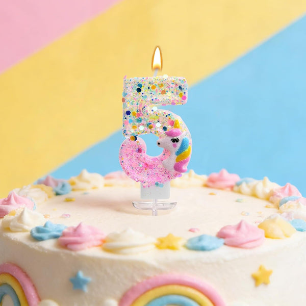 Unicorn Number 5 Birthday Candles - Glittering Birthday Cake Topper, Pink & Gold Sparkle Number Candle for Cartoon Theme Birthday Party Decorations (Unicorn, Number 5)2