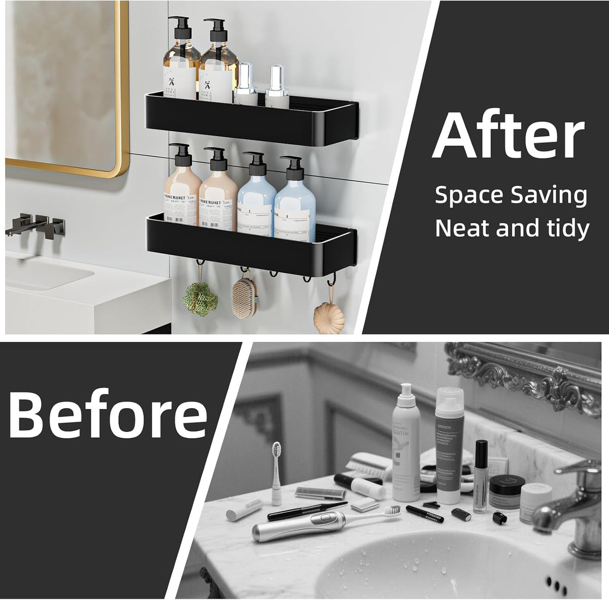 shower-caddy-adhesive-no-drill-rustproof-bathroom-shelf-2-pack-large-capacity-aluminum-shower-shelves-shower-organizer-rack-with-5-removable-hooks-black-30cm