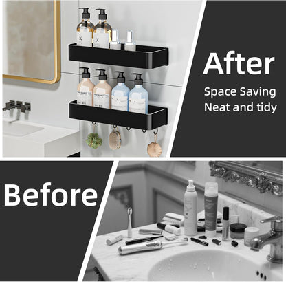 Shower Caddy Adhesive, No Drill Rustproof Bathroom Shelf, 2 Pack Large Capacity Aluminum Shower Shelves, Shower Organizer Rack with 5 Removable Hooks,Black/30Cm6