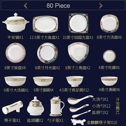 Dinnerware Sets - Luxury Gift Dishes Service Set, 80 Piece Bone China Tableware Set for 10 People, European Style Gold Pattern Dinnerware Set with Bowls and Plates, Oujinmm20243277