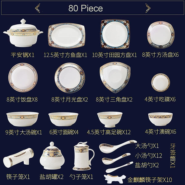 Dinnerware Sets - Luxury Gift Dishes Service Set, 80 Piece Bone China Tableware Set for 10 People, European Style Gold Pattern Dinnerware Set with Bowls and Plates, Oujinmm20243277