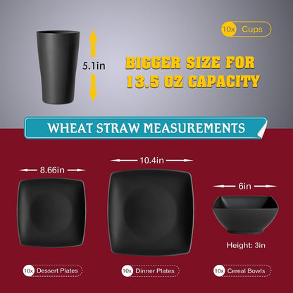40-Piece Plates and Bowls Sets for 10, Black Square Dinnerware Sets2