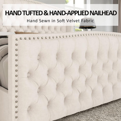 Queen Size Bed Frame with Velvet Upholstered Wingback Headboard5