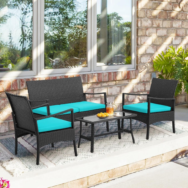 4 Pieces Rattan Conversation Set, Patio Sofa Couch Set with Tempered Glass Coffee Table, Seat Cushions, Outdoor Wicker Loveseat Set for Poolside, Courtyard, Balcony (1, Turquoise)2