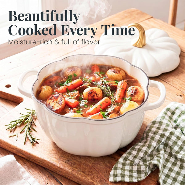 5.5 Qt Pumpkin Enameled Cast Iron Dutch Oven Pot, White | Pumpkin Cocotte for Soups, Stews, Braising & Sourdough Bread Baking. Oven Safe to 500°F. Induction Compatible.4