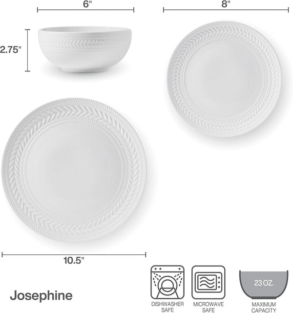 Josephine 24-Piece Dinnerware Set, Porcelain Dish Set with Embossed Basket Weave Design, Service for 8, White Plates and Bowls Sets, Microwave and Dishwasher Safe6