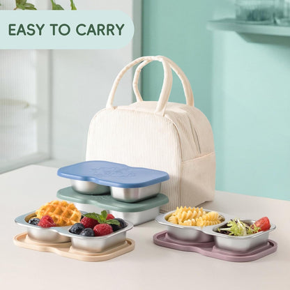 4 Pack Small Stainless Steel 2-Compartment Snack Containers with Lids, Reusable Snack Pack Containers, Lunch Box Accessories,Double Compartment Salad Dressing Containers to Go, 5.3Oz6