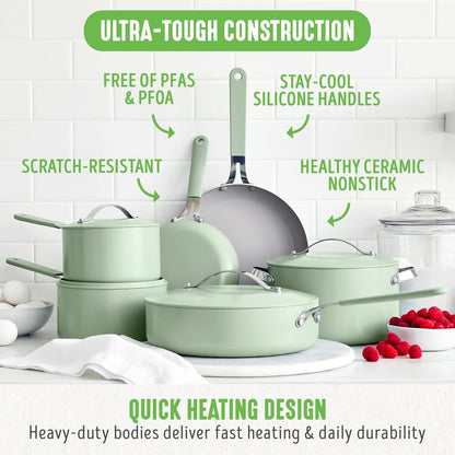 10-Piece Nonstick Ceramic Cookware Set, Lightweight Healthy Pfas-Free Pots & Pans with Lids, Dishwasher & Oven Safe, Durable Body, Silicone Stay-Cool Handles, Easy Release, Sage Green4