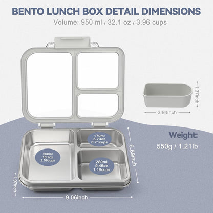 Stainless Steel Bento Box for Kids, 3-Compartment Metal Lunch Box with Clear Lid & Removable Silicone, Lunch Box Kids with Silicone Inner Container for Meal Prep, School, Office (Grey)5