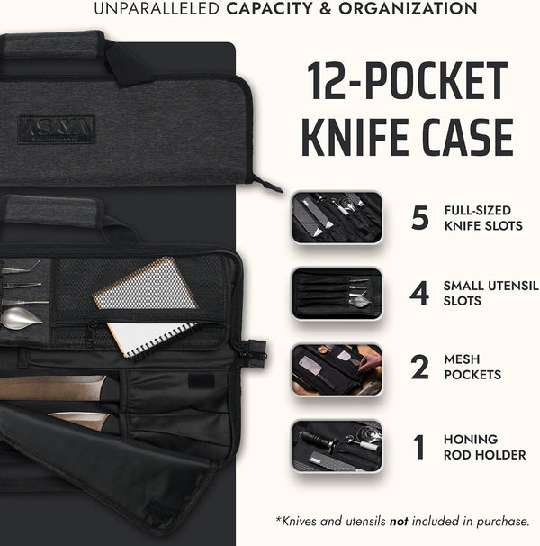 Chef Knife Roll Bag - 12-Pocket Chefs Case for Kitchen Knives and Utensils, Lightweight Stain-Resistant Waxed Nylon Chef Knife Bag - Knives Not Included (Black)2