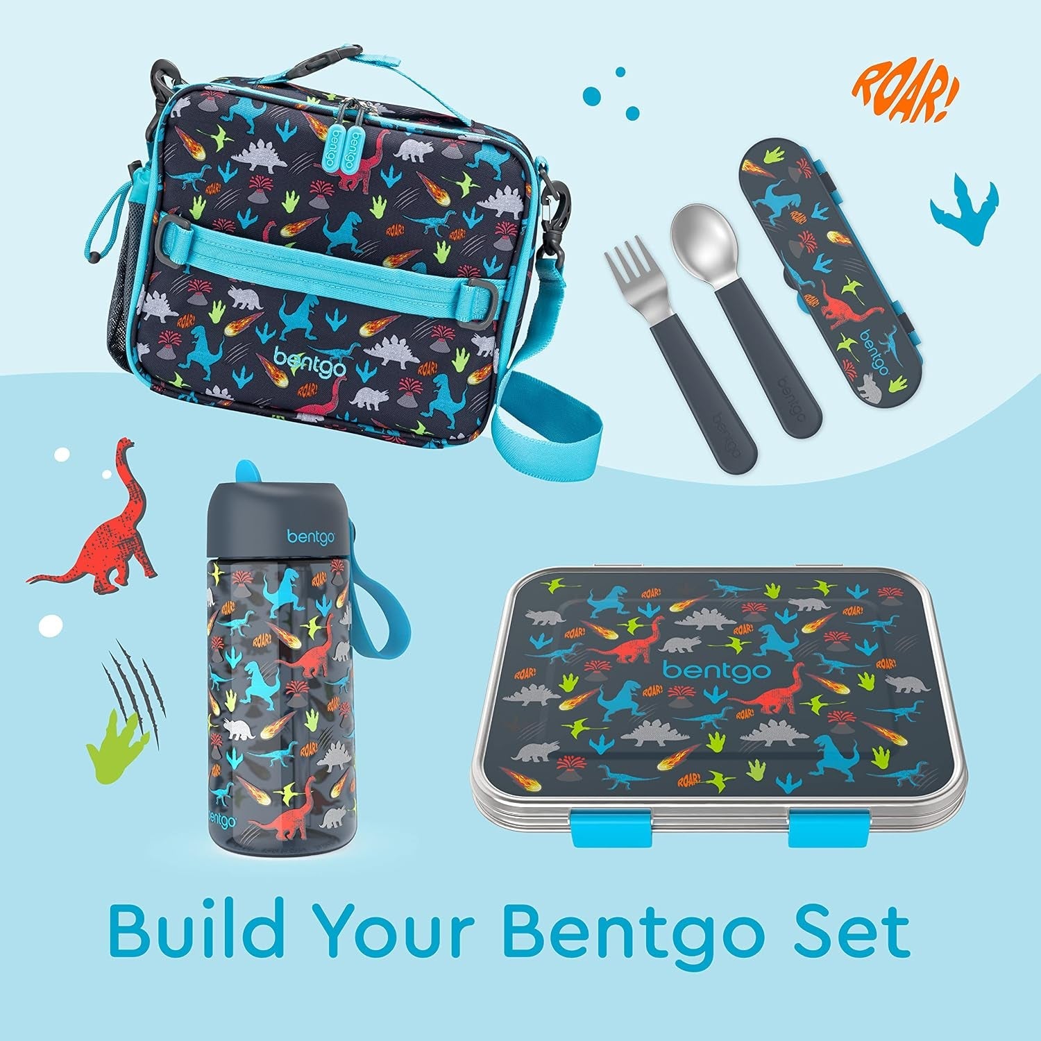 bentgo-kids-stainless-steel-utensil-set-with-fork-spoon-storage-case-reusable-pfas-bpa-free-easy-grip-handles-lightweight-dishwasher-safe-school-lunch-travel-outdoors-dinosaur