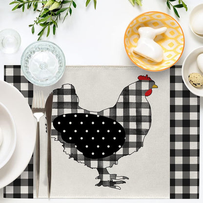 Farm Chicken Hen Animal Placemats Set of 4, Black White Buffalo Check Plaid Farmhouse Chick Dining Table Place Mats, Spring Summer Country Rustic Kitchen Decor Home Decoration 12 X 18 Inch4