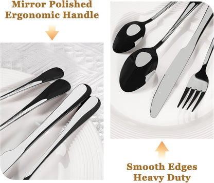 24-Piece Black Silverware Set with Steak Knives Flatware Set for 4 Food-Grade Stainless Steel Cutlery Set Mirror Polished Utensils Set Include Spoons and Forks for Home Kitchen Restaurant4