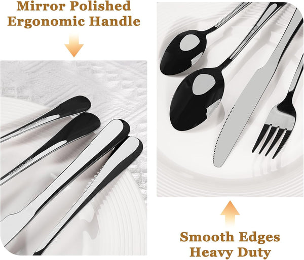 24-Piece Black Silverware Set with Steak Knives Flatware Set for 4 Food-Grade Stainless Steel Cutlery Set Mirror Polished Utensils Set Include Spoons and Forks for Home Kitchen Restaurant4