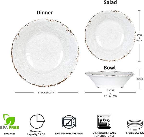 Vintage Melamine Dinnerware Sets, 18 Piece Lightweight and Unbreakable Outdoor Plates and Bowls Set, RV Dishes Set of 6, Chip Resistant Kitchen Plate Set for Indoor and Outdoor Use, White5