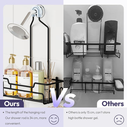 Bathroom Shower Caddy Hanging - Extended Length 2 Tier Rustproof over Shower Head Organizer, No Drilling Bathroom Shelf with 14 Hooks & Soap Holder, Anti-Swing Rack, Black, Medium3