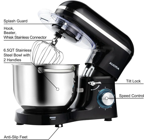 Stand Mixer,6.5-Qt 660W 6-Speed Tilt-Head Food Mixer, Kitchen Electric Mixer with Dough Hook, Wire Whip & Beater (Black, 6.5QT)2