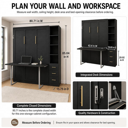 Black Queen Murphy Bed with Desk, 1 Storage Cabinet, 3 Drawers2