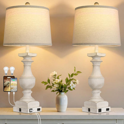28'' Washed White Resin Table Lamp Set of 2,Beside Lamp with USB Port | Rocker Switch, 2 Bulbs Included, 6W, 2700K Warm Light, Farmhouse Bedside Lamp for Nightstand, Desk, Livingroom, Bedroom Decor1
