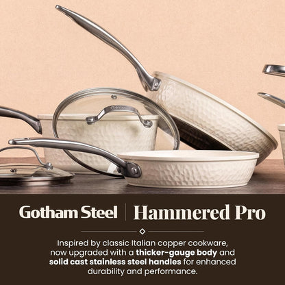 Hammered 10 Pc Pots and Pans Set Non Stick Ceramic Cookware | Heavy Duty 3.0MM Gauge, Non Toxic PFOA/PTFE/PFOS Free Ceramic & Titanium, Induction Compatible, Oven & Dishwasher Safe2