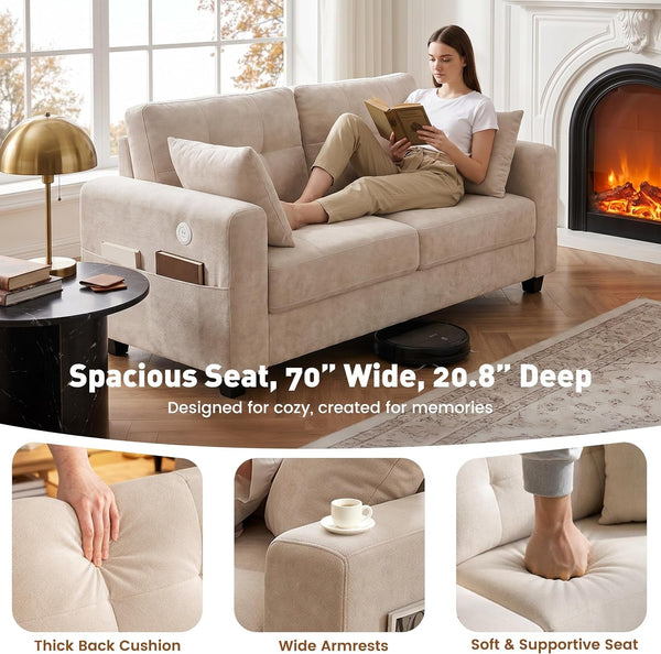 70" Loveseat Sofa with Type-C/2 USB Charger Ports, Chenille Upholstered Couch with Storage Pockets, Spring Cushion, Removable Cover, Modern Love Seat for Living Room, Bedroom, Office, Small Spaces9