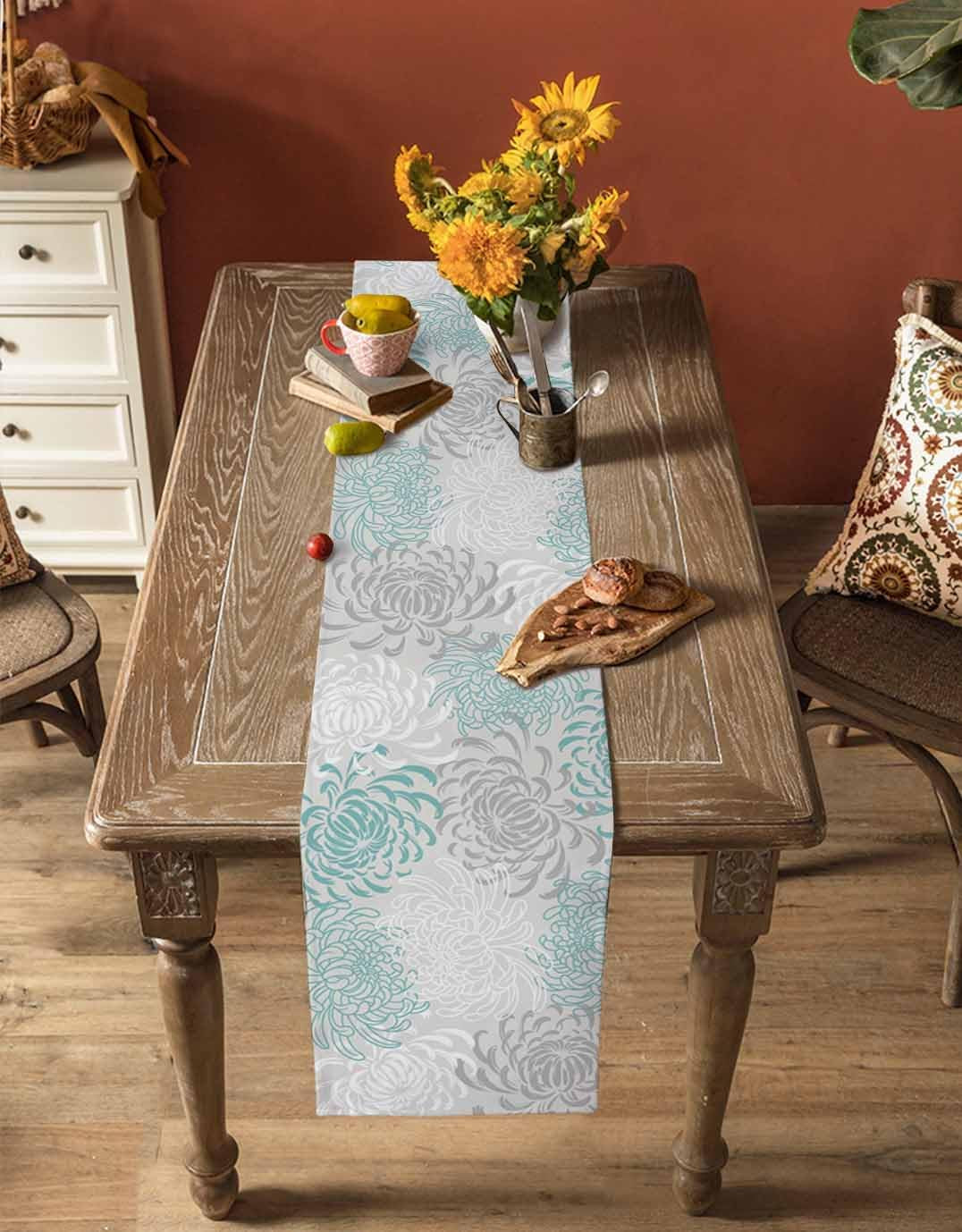 aqua-chrysanthemum-flowers-table-runner-cotton-linen-long-13x120-inches-dresser-scarves-floral-grey-tablerunner-for-kitchen-coffee-dining-end-table-bedroom-living-room-scarf-decor-for-holiday