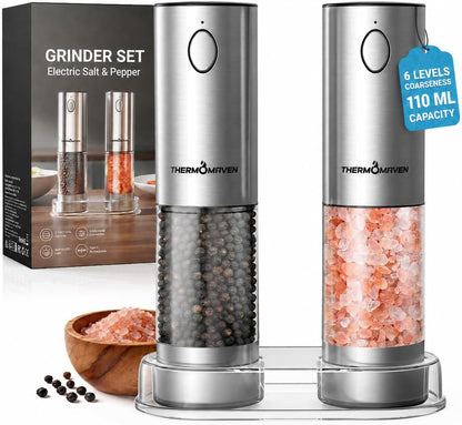 Upgraded Larger Capacity Electric Salt and Pepper Grinder Set, 110Ml Rechargeable Salt and Pepper Shaker with LED Light, Stainless Steel Automatic Pepper Mill with 6 Adjustable Coarseness1