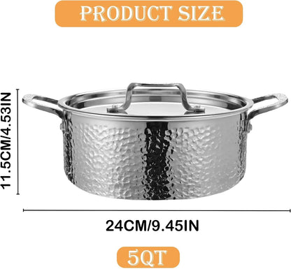 Tri Ply Stainless Steel Stock Pot with Lid 5 Quart Hammered Stockpot Induction Cooking Pot Soup Pot Compatible with All Stovetops (5QT)7
